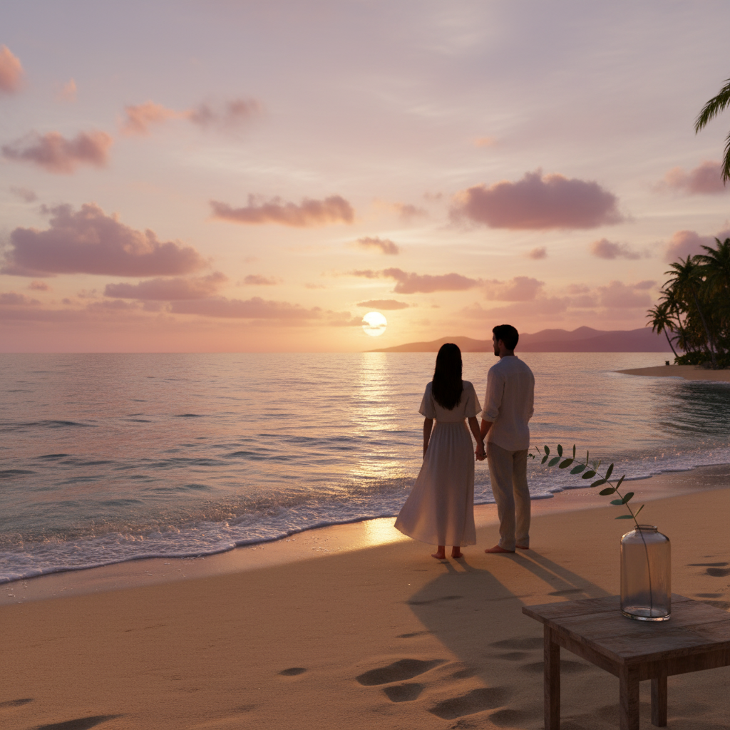 a romantic scene featuring oceans and people