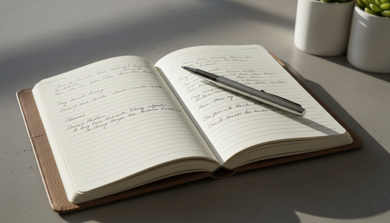 An open lined journal with a taupe leather cover on a concrete tabletop, a polished silver pen resting across the page in soft morning light, reflective and quietly optimistic.