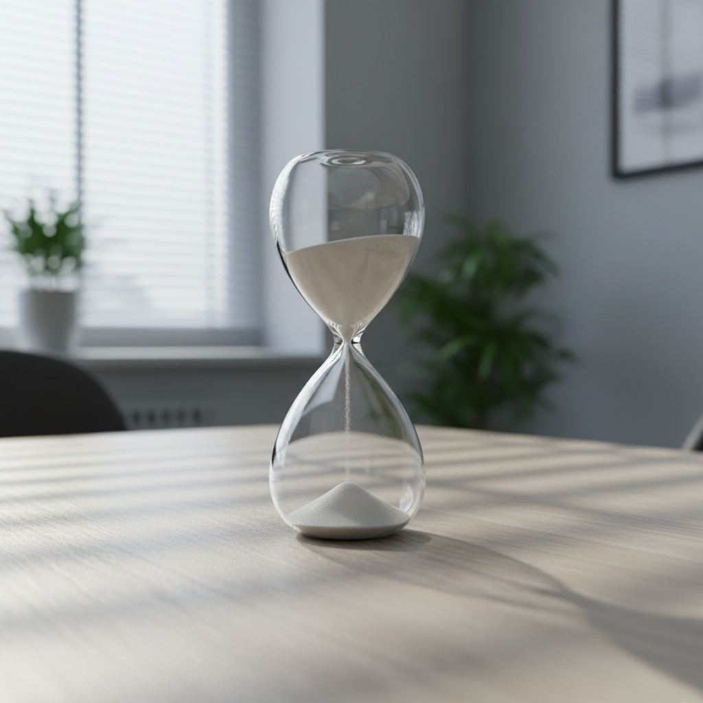 An elegant, transparent glass hourglass filled with fine white sand on a light ashwood desk, soft sunlight filtering through translucent blinds, calm and professional yet warm, embodying attentive presence and the passage of healing time.