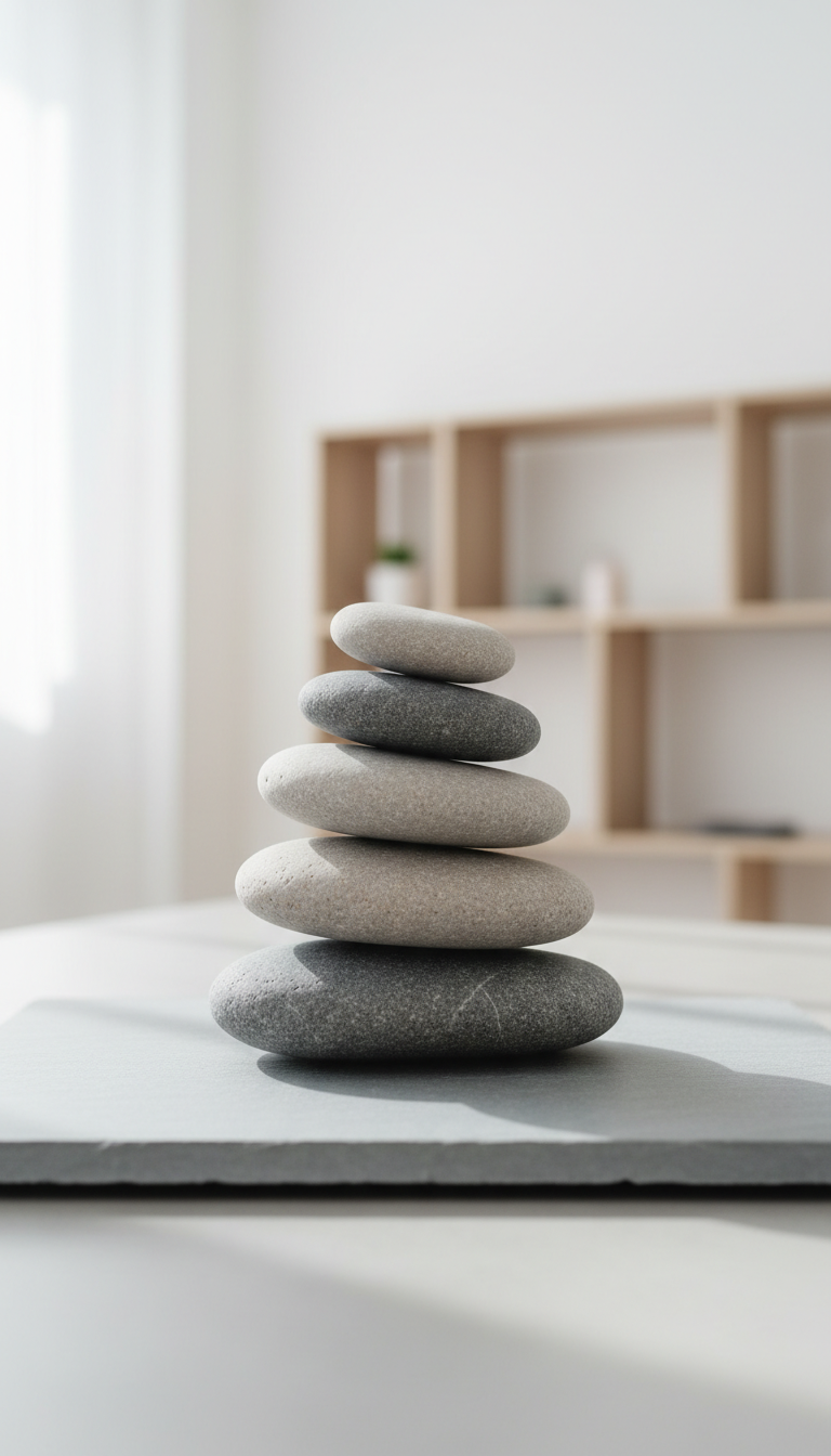 A stack of smooth river stones in varying neutral gray tones, carefully balanced on a pale, matte slate surface. The stones are rounded and softly textured, each showing unique, subtle veining. The setting is a minimalist therapy office space, with clean white walls and a structured, geometric shelving unit in the blurred background. Natural diffused midday light pours in from an unseen window, casting soft, gentle shadows and subtle highlights that emphasize the stones’ smoothness. Captured from a slightly elevated, centered angle with sharp focus on the stones, the composition is orderly and calming. The atmosphere is serene and reassuring, echoing the principles of balance and growth. Photographic realism with a clean and modern corporate aesthetic complements the sanctuary-like site purpose.