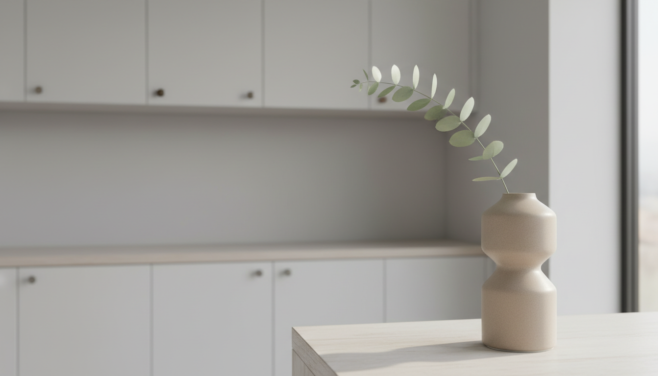A neutral-toned ceramic vase containing a single stem of pale eucalyptus on an ivory-washed wood shelf in a calm therapy room, soft overcast light, radiating tranquility and professionalism.